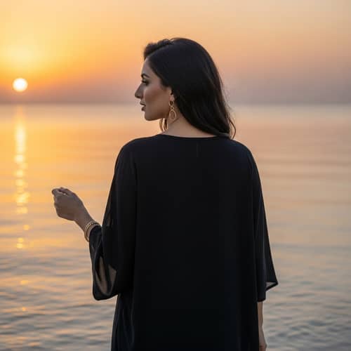 Serenity at Sunset: Middle-Eastern Woman Strolling on Beach
