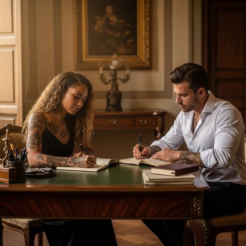 Enchanting Setting with African American Woman and Italian Man at Mahogany Desk