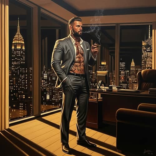 Sophisticated Italian Man in Penthouse Office with Urban Skyline View