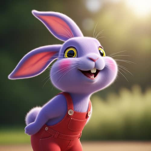 Joyful Violet Rabbit in Red Overalls | Playful Purple Bunny