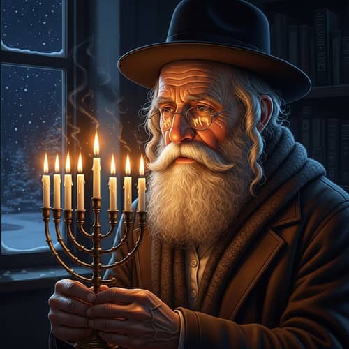 Elderly Jewish Man Portrait with Menorah in 4K Resolution