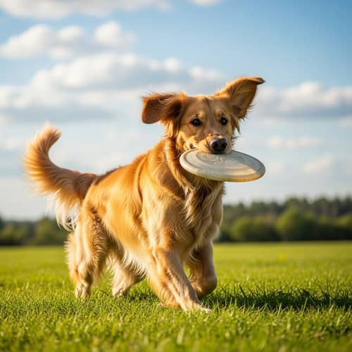 Joyful Golden Retriever Playing in Green Meadow
