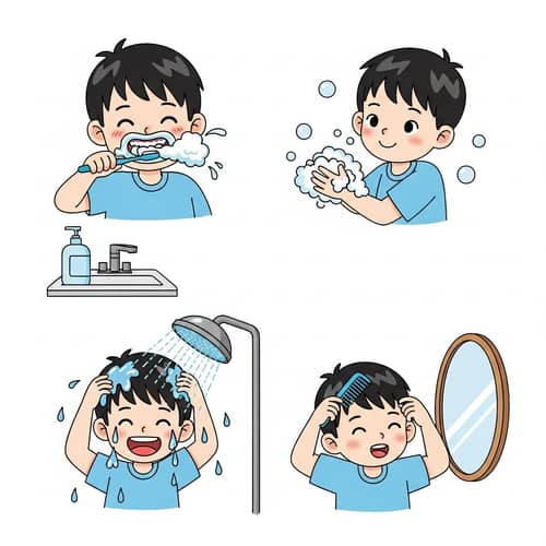 Young Asian Boy Hygiene Activities Illustrations