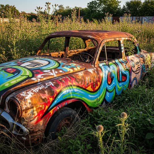 Urban Graffiti Art on Rusty Car in Overgrown Weeds