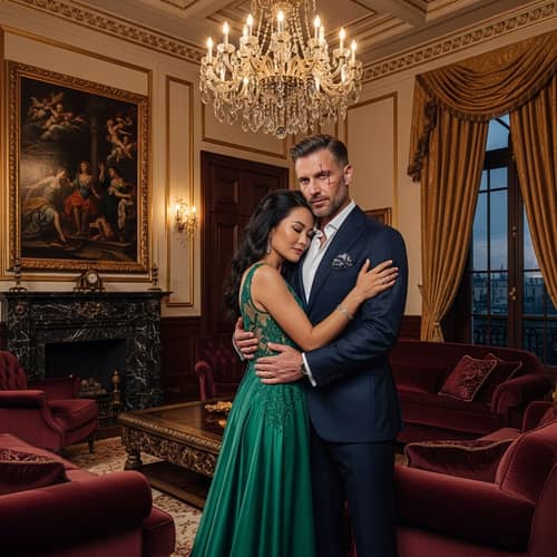 Luxurious Caucasian Mafia Man with Elegant Asian Wife in Well-Furnished Room