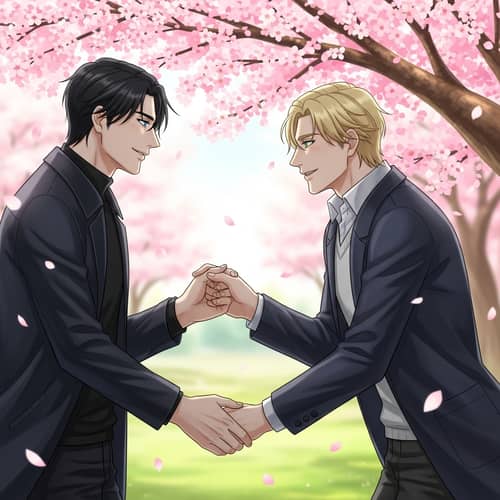Romantic Scene in a Park: Black Hair Blue Eyes with Blonde Hair Green Eyes