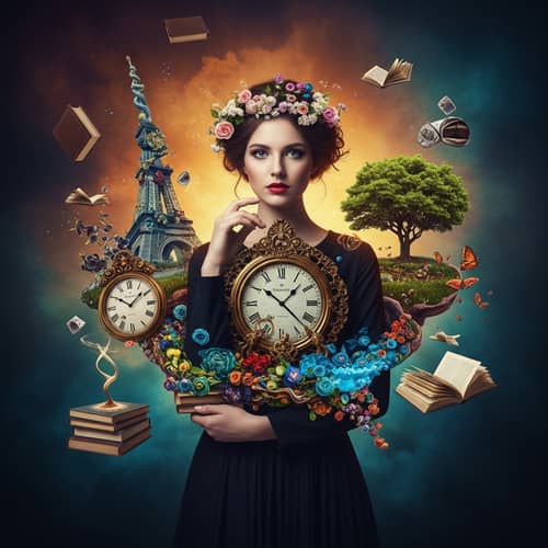 Surreal Realistic Photo: Woman Surrounded by Vivid Surreal Elements
