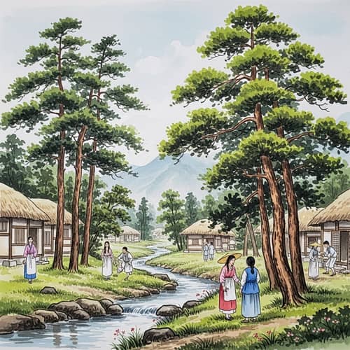 Serene Korean Watercolor Painting: Trees, Stream & Village Life