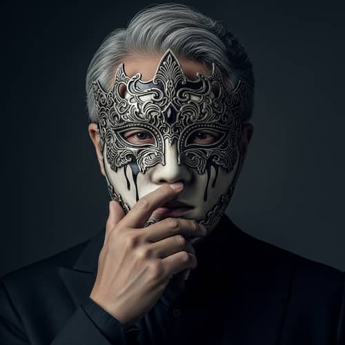 Asian Man in Dimly Lit Room with Detailed Mask and Sad Eyes