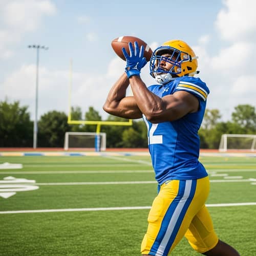 Black Male Football Player in Blue and Gold - Athletic Gear Action
