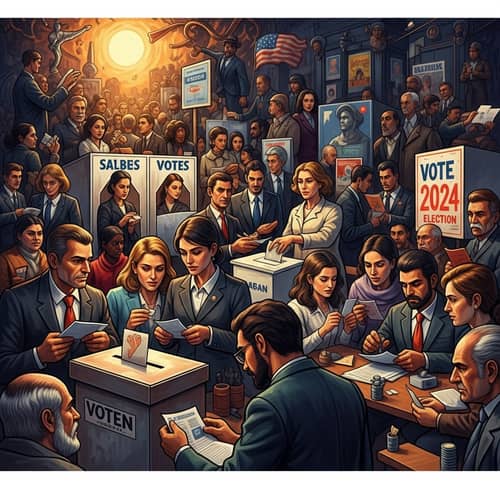 2024 Election Chaos: Multicultural Polling Scene in Chaotic Art Style