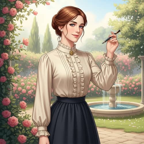 Caucasian Woman in Cream Blouse and Black Skirt | Garden Scene
