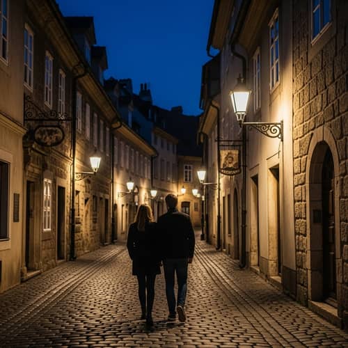 Modern Couple Night Stroll in Historic City | Enchanting Scene