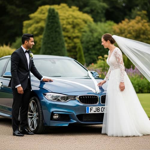 South Asian Groom Showcases Metallic Navy Blue BMW to Caucasian Bride