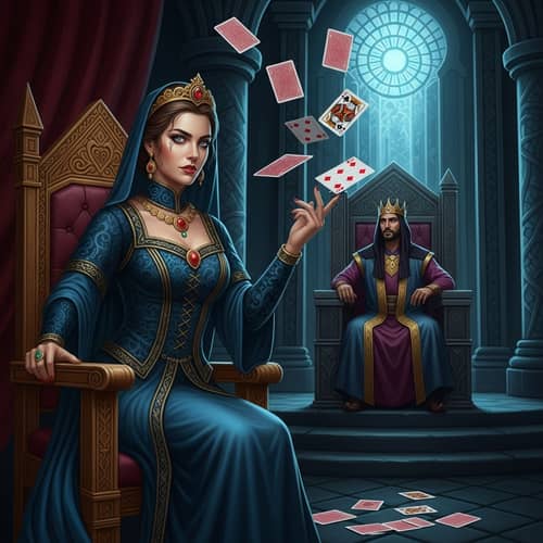 Elegant Slavic Woman in Dark Throne Hall: Mystical Showdown