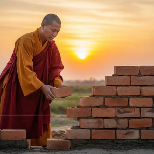 Buddhist Monk Building Brick Wall at Sunset