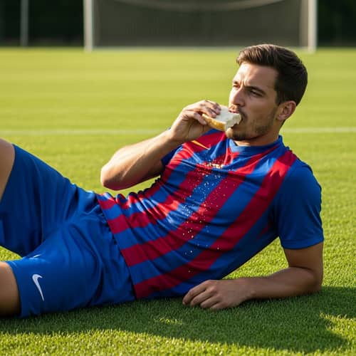 Casual Moment: Man Eating Bread on Football Field
