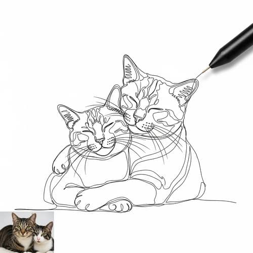 Continuous Line Drawing of Two Affectionate Cats