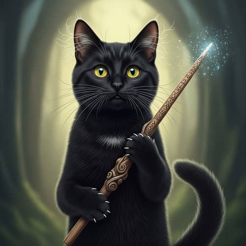 Enchanted Cat with Elder Wood Wand | Magical Wizardry Fiction