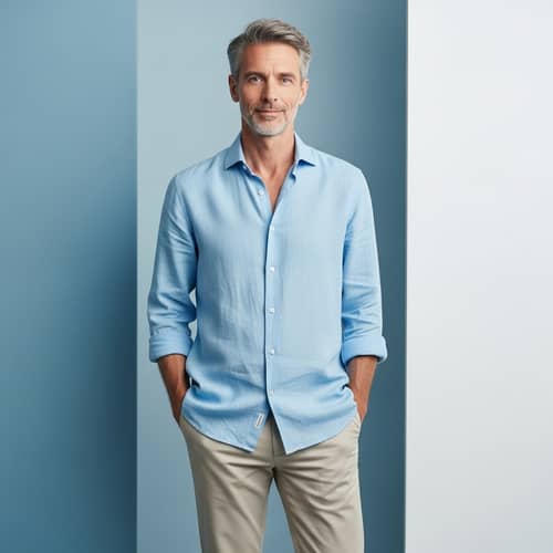Middle-Aged Caucasian Man in Casual Blue Attire Smiling