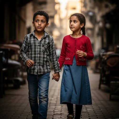 Youthful Middle-Eastern Boy and Girl Exploring Egypt's Bustling Streets
