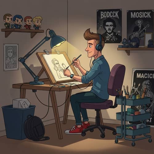 Caucasian Male Cartoonist at Drawing Table | Artistic Workspace