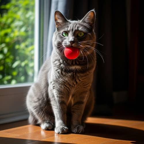 Domestic Cat Playing with Ball | Cute Grey Cat with Green Eyes