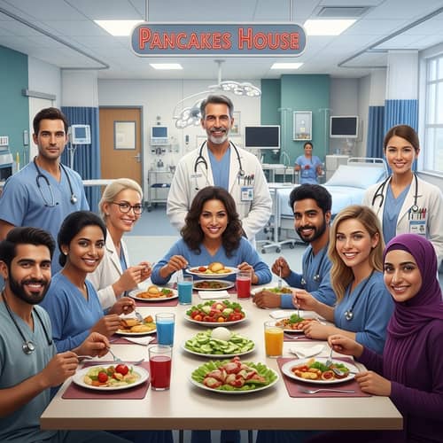 Diverse Cancer Patients & Medical Staff at Pancake House | Modern Hospital Setting