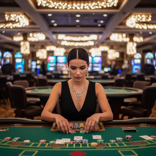 Luxury Casino Gambling: Stunning Woman Playing Poker