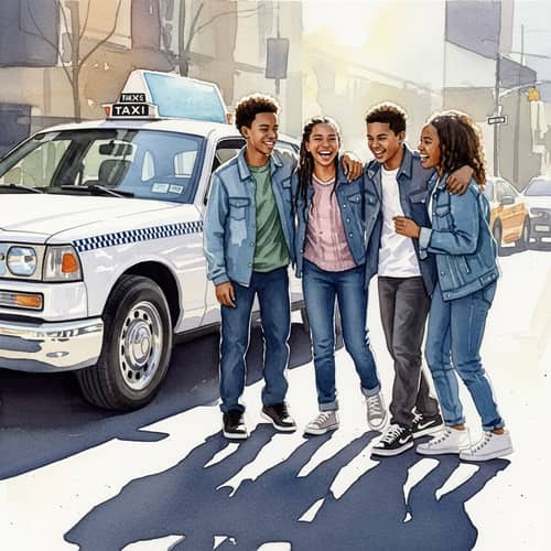 Watercolor Painting of African American Teenagers by Taxi Cab