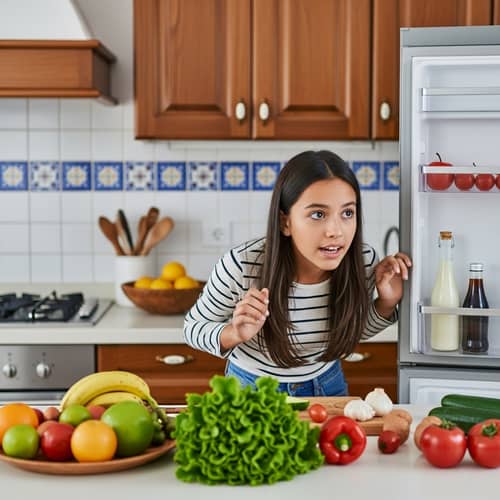 Hungry Hispanic Girl in Kitchen Seeking Food | Cooking Urgency