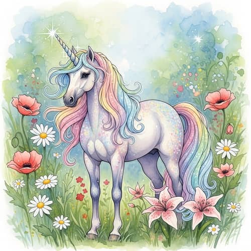 Vibrant Magic Unicorn Surrounded by Beautiful Flowers