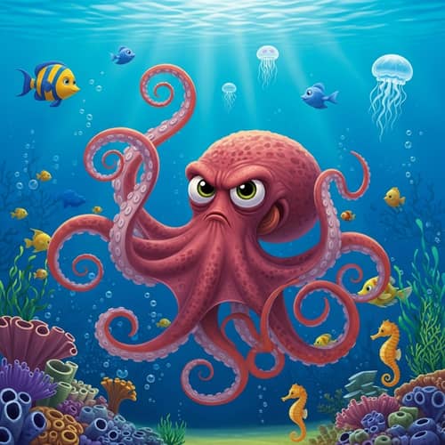 Cartoon Angry Octopus in Ocean for Kids