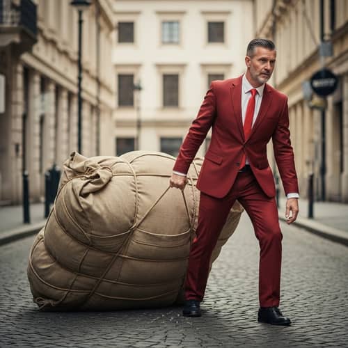 Middle-Aged Man in Vibrant Red Suit Dragging Heavy Load