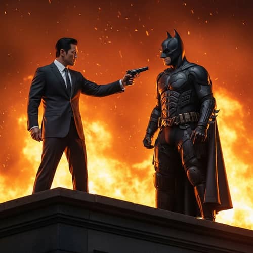 Intense Combat Scene: Slick-Haired Man vs. Caped Vigilante