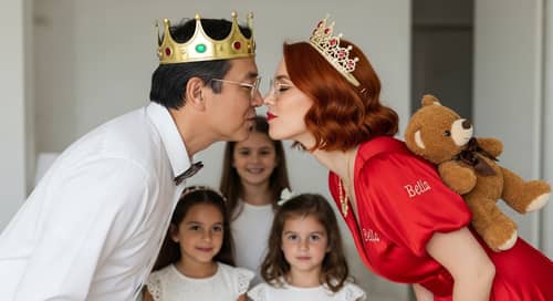 Middle-Aged King and Queen Kiss at Home with Children - Royal Encounter