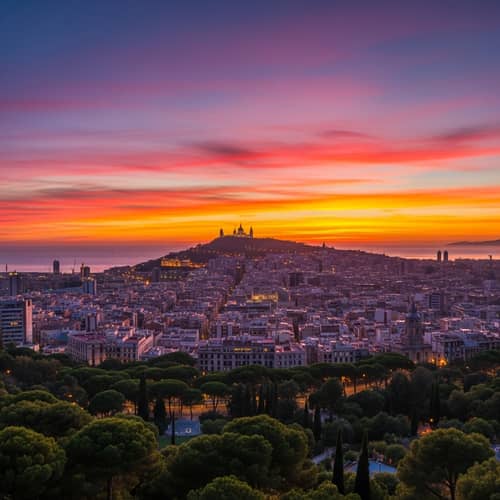 Breathtaking Sunset Over Montjuic, Barcelona - Enchanting Views
