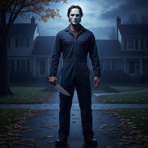 Eerie Masked Figure in Blue Jumpsuit with Kitchen Knife