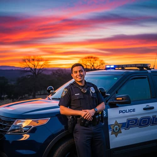 Hispanic Male Police Officer Poses with American Scout Car at Sunset