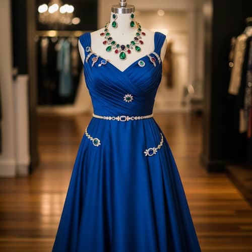 Blue Evening Gown Size 40 with Colorful Jewelry | Elegant Fashion