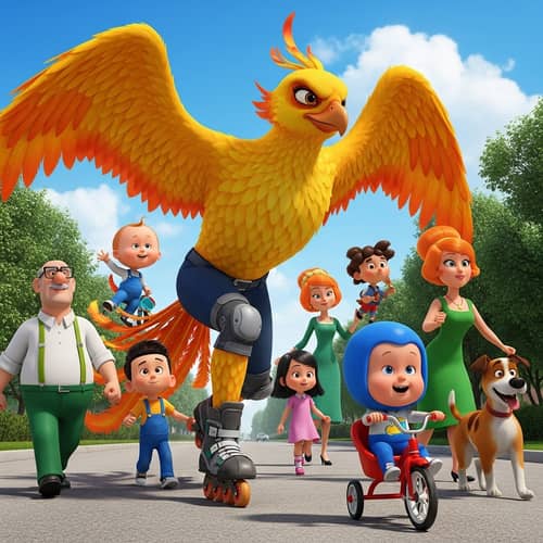 Vibrant Yellow Phoenix skating among Cartoon Characters