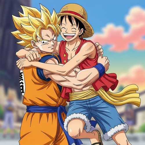Goku and Luffy Embrace in Heartwarming Scene