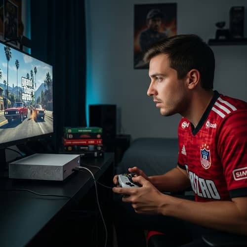 Caucasian Man Playing GTA 5 on Gaming Console in Bedroom