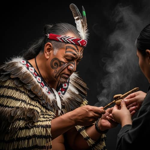 Traditional New Zealand Maori Spiritual Ceremony with Maori Elder in Feather Cloak