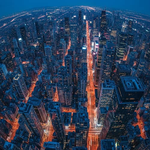 Vibrant Cyberpunk Cityscape at Dusk - Aerial View with Bold Colors