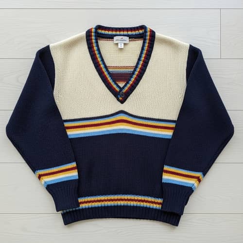Navy Blue and Cream Sweater with V Neckline - Stylish Design