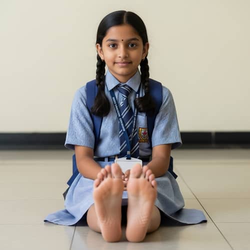 South Asian Girl in School Uniform Barefoot