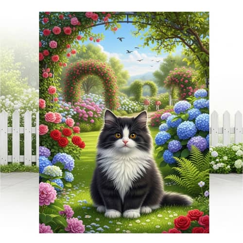 Fluffy Black and White Cat in Lush Garden