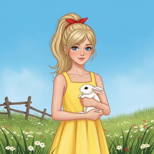 Young Girl in Yellow Sundress Holding White Rabbit