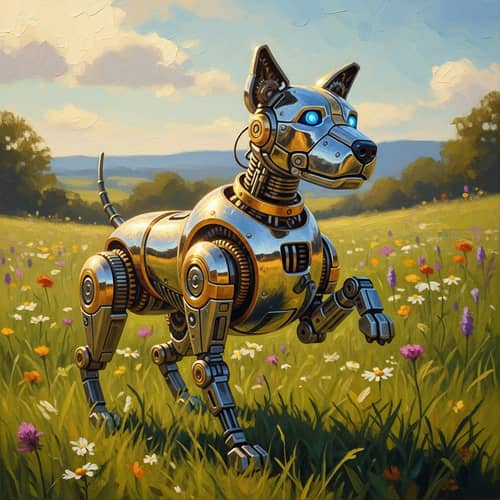 Intricate Robotic Dog Oil Painting in Meadow